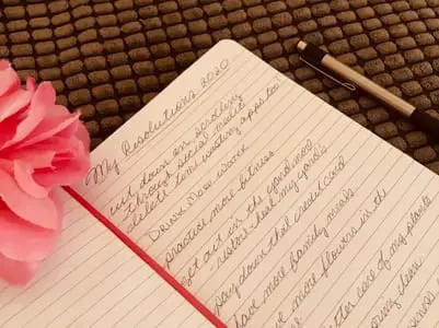 Joy's notebook with her New Year's Resolutions for 2020.
