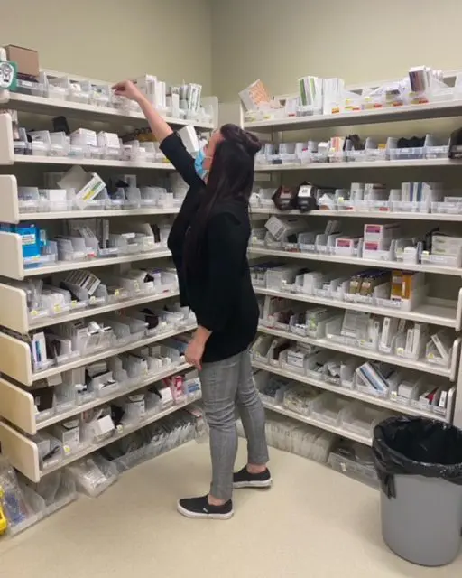 Sheri inside the hospital pharmacy
